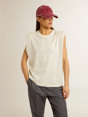 Aged white sleeveless T-shirt embellished with crystals