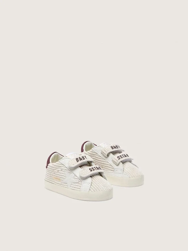 Baby School in velvet with white suede star and burgundy leather heel tab