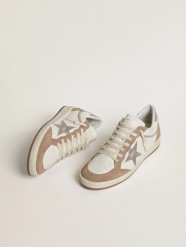 Ball Star LTD in white nappa leather and old rose suede with metallic silver leather star and heel tab