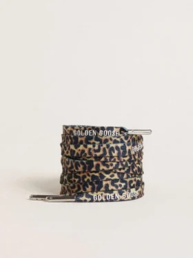 Beige leopard-print laces with contrasting white logo