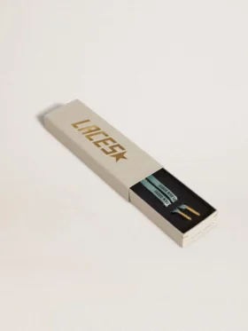 Gray Lurex laces with contrasting black logo
