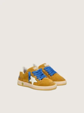 Junior Ball Star in ocher suede with glossy white leather star and heel tab