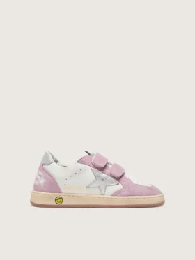 Junior Ball Star in white leather with metallic silver leather star and lilac suede inserts