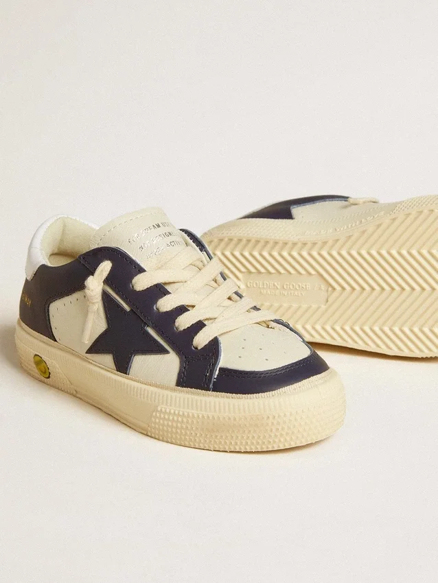May Junior in white and blue leather with leather star and heel tab