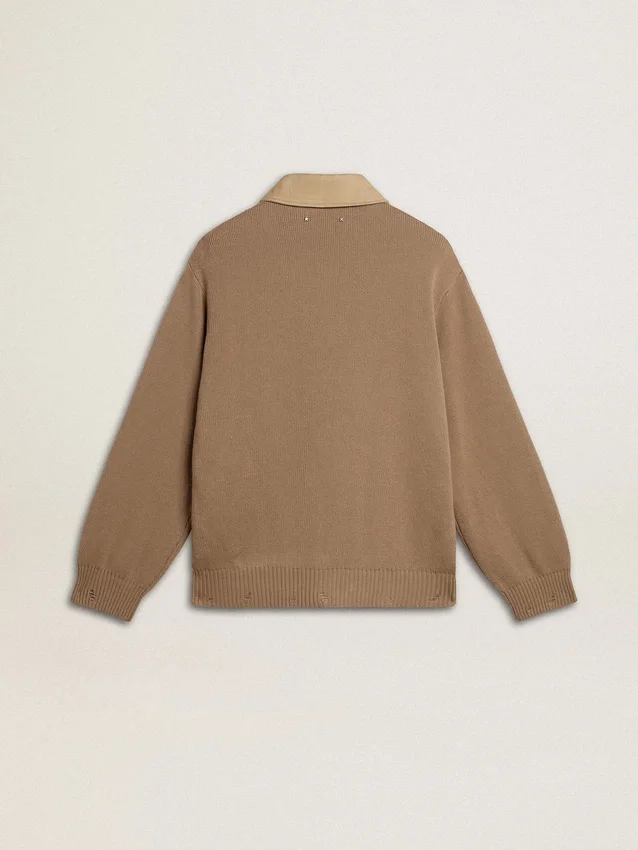 Men's jacket in travertine-colored nubuck leather with wool-blend sleeves and back