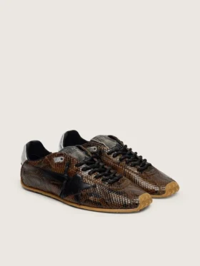Men’s Marathon Speed in leather with brown snake print, black star and silver leather heel tab