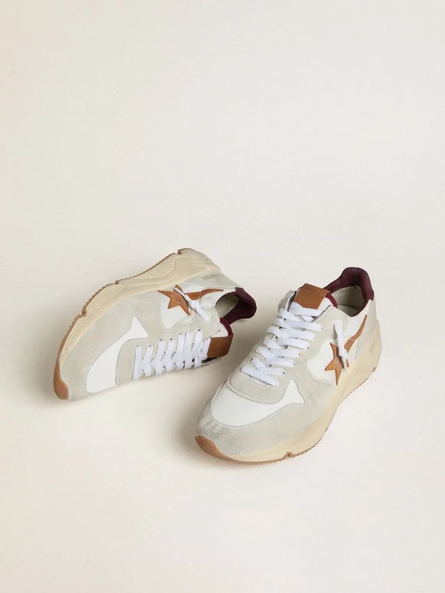 Men's Running Sole in nylon and suede with brown leather star and burgundy leather heel tab