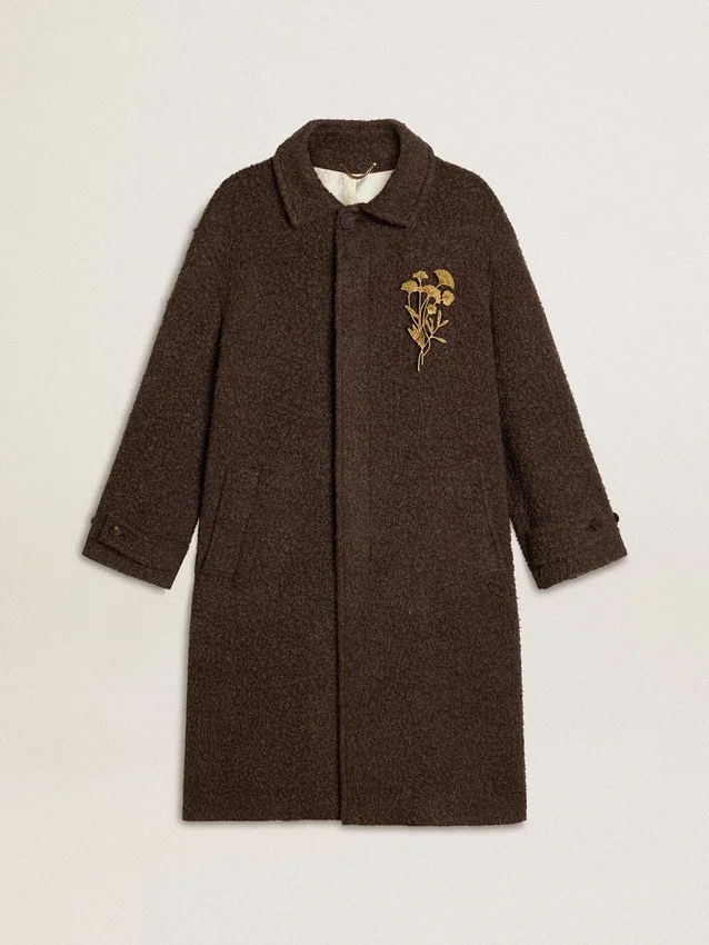 Men's single-breasted Journey coat in wrinkle wool blend with floral pin