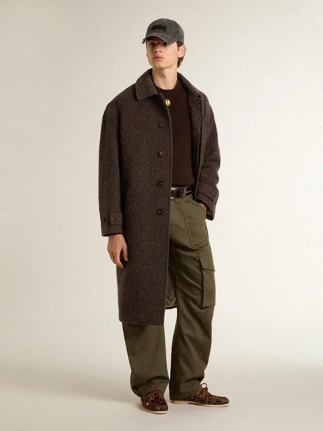 Men's single-breasted Journey coat in wrinkle wool blend with floral pin
