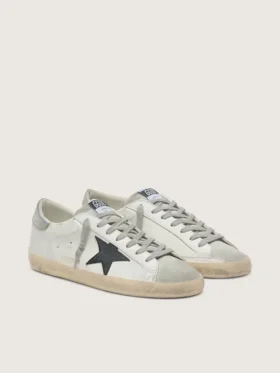 Men’s Super-Star in white leather with black nubuck star and silver metallic leather heel tab