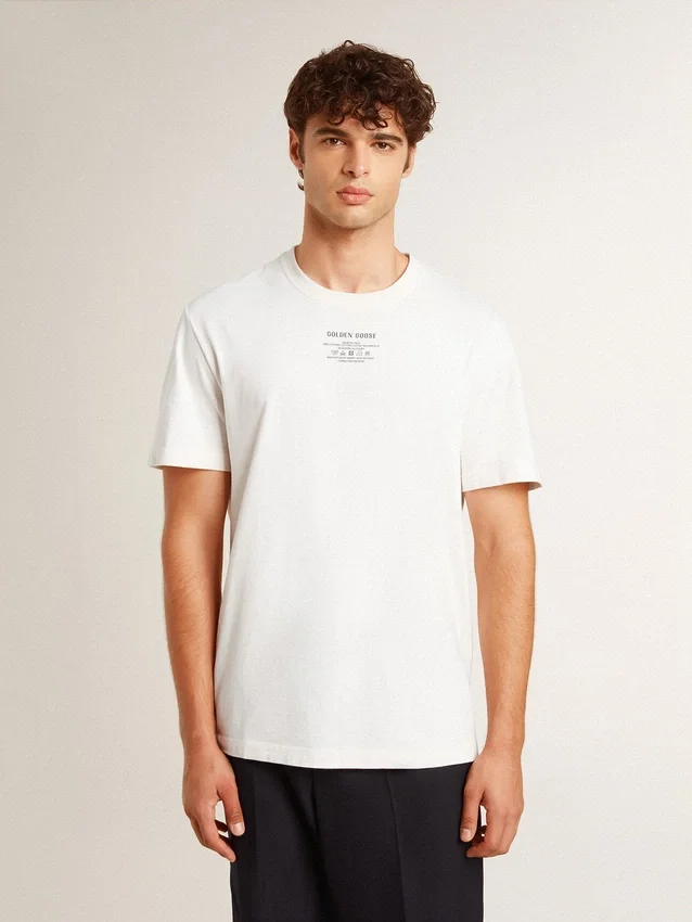 Men's worn-white cotton T-shirt with black lettering