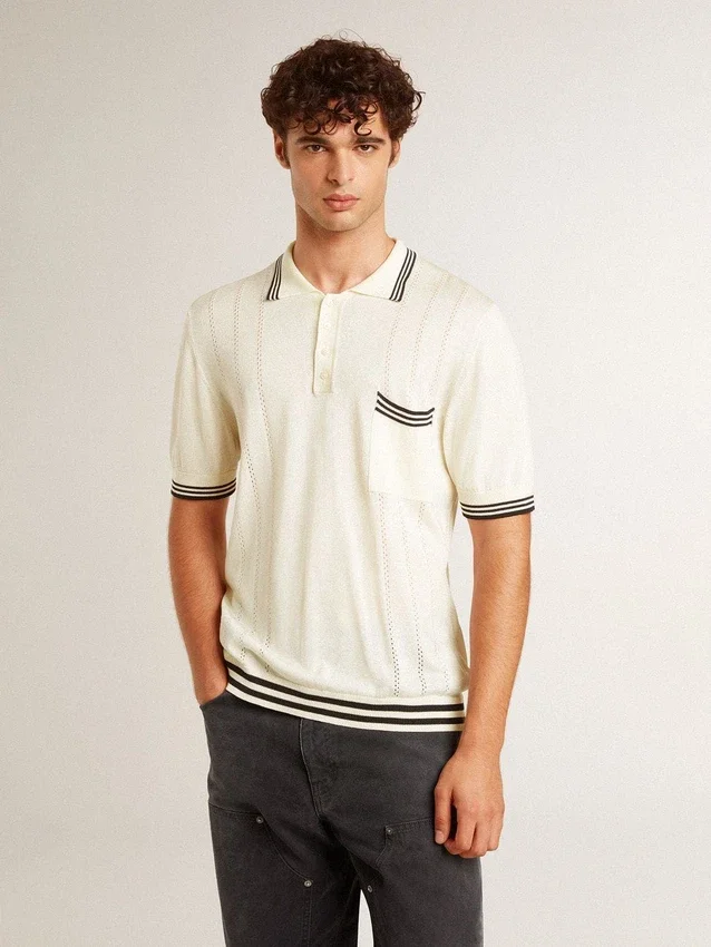 Men's worn-white knitted polo shirt with blue ribbing