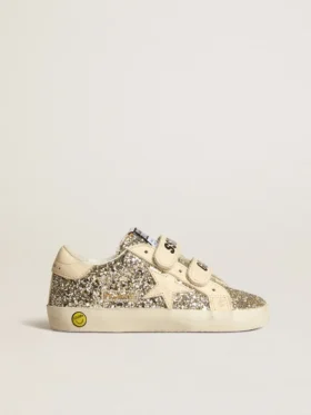 Old School Young in platinum glitter with leather star and heel tab