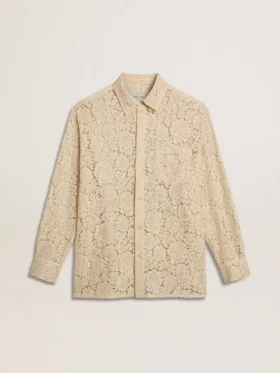 Oversized shirt in cream-colored see-through lace