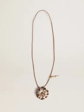 Pendant flower charm in tan and champagne leather