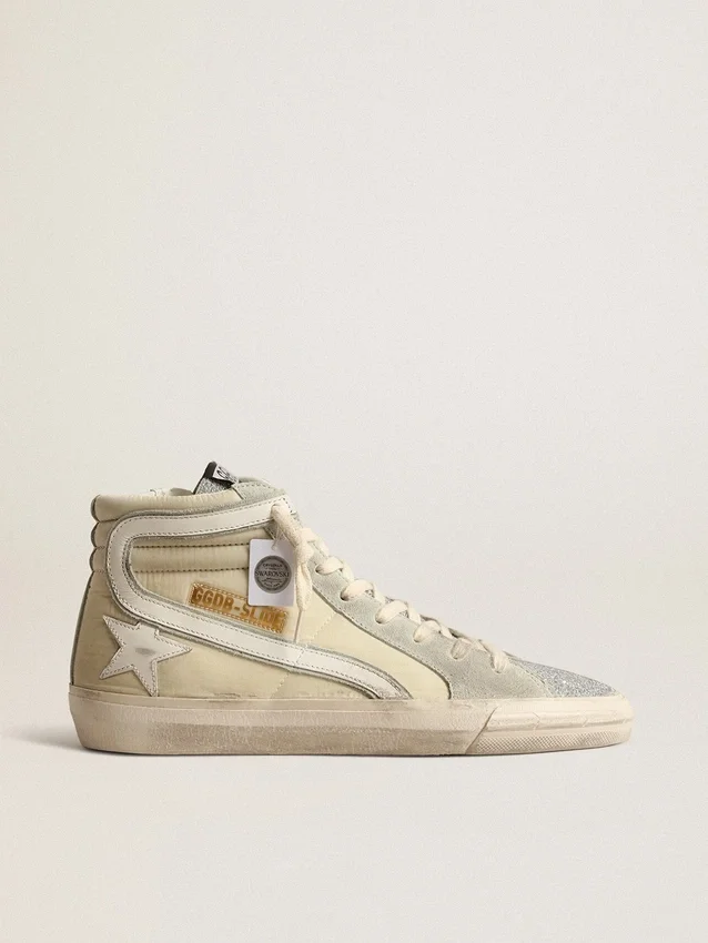 Slide in ivory nylon with white leather star and Swaroski tongue