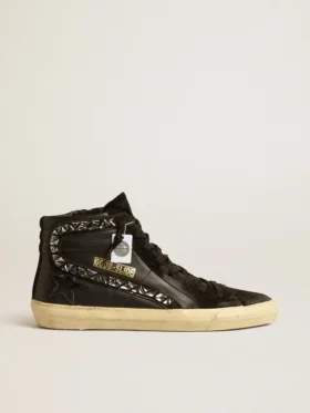 Slide in leather with black star and Swarovski crystal flash
