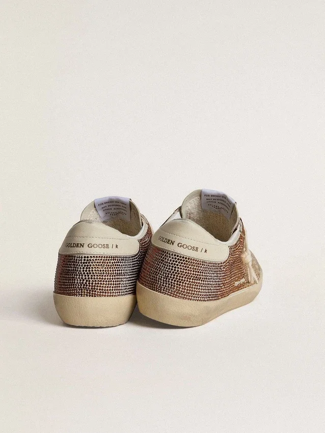 Super-Star in beige suede and multicolored crystals with cream-colored leather star and heel tab