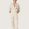 Unisex sweatpants in ecru and sand striped cotton and linen
