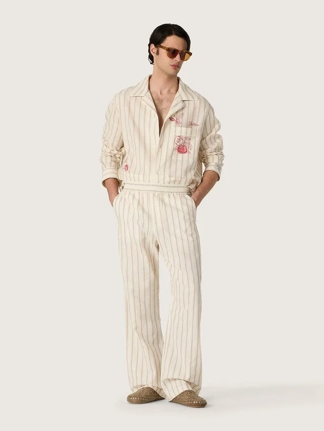 Unisex sweatpants in ecru and sand striped cotton and linen