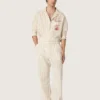 Unisex sweatpants in ecru and sand striped cotton and linen