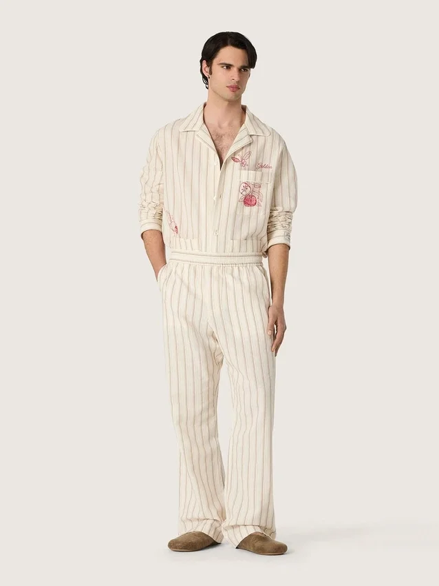 Unisex sweatpants in ecru and sand striped cotton and linen
