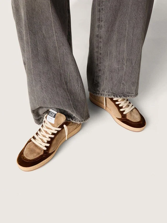 Women's Ball Star in tobacco suede with white leather star and cognac velvet inserts