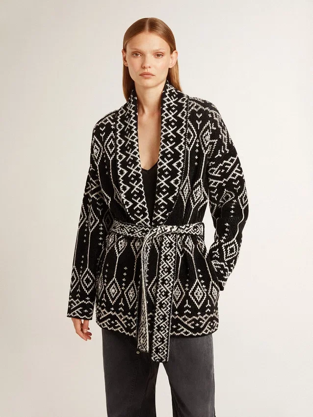 Women’s black cardigan with belt and crystals