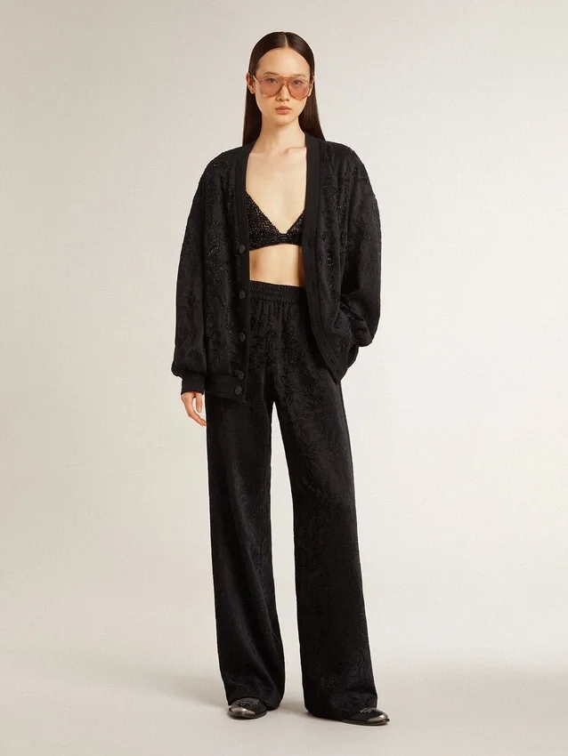 Women's black joggers with a tone-on-tone toile de jouy print