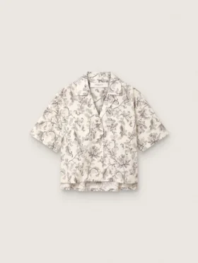 Women's boxy cotton shirt with black and white floral print
