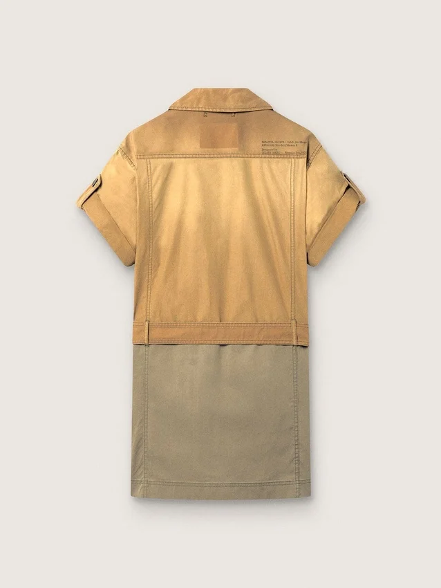 Women's safari dress in beige and military-green cotton with maxi pockets