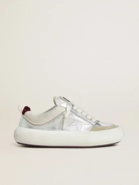 Women’s Space-Star Cube in ice-gray and silver leather with burgundy heel tab