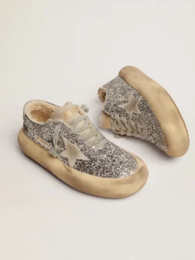 Women’s Space-Star shoes in silver glitter with shearling lining