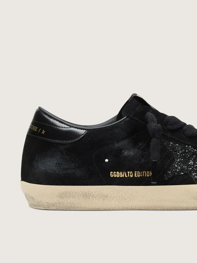 Women's Super-Star LTD in black suede with black glitter star and black leather heel tab