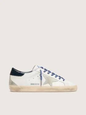 Women’s Super-Star LTD in white leather with suede star and blue leather heel tab