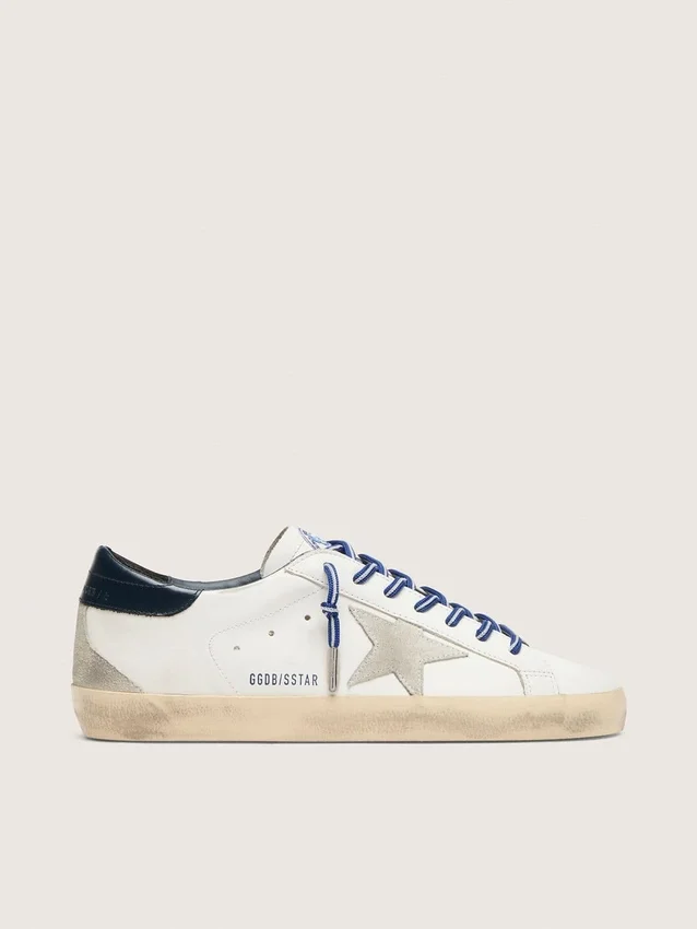 Women’s Super-Star LTD in white leather with suede star and blue leather heel tab