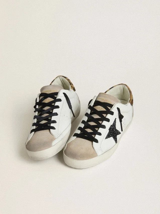 Women's Super-Star with black glitter star and leopard-print pony skin heel tab