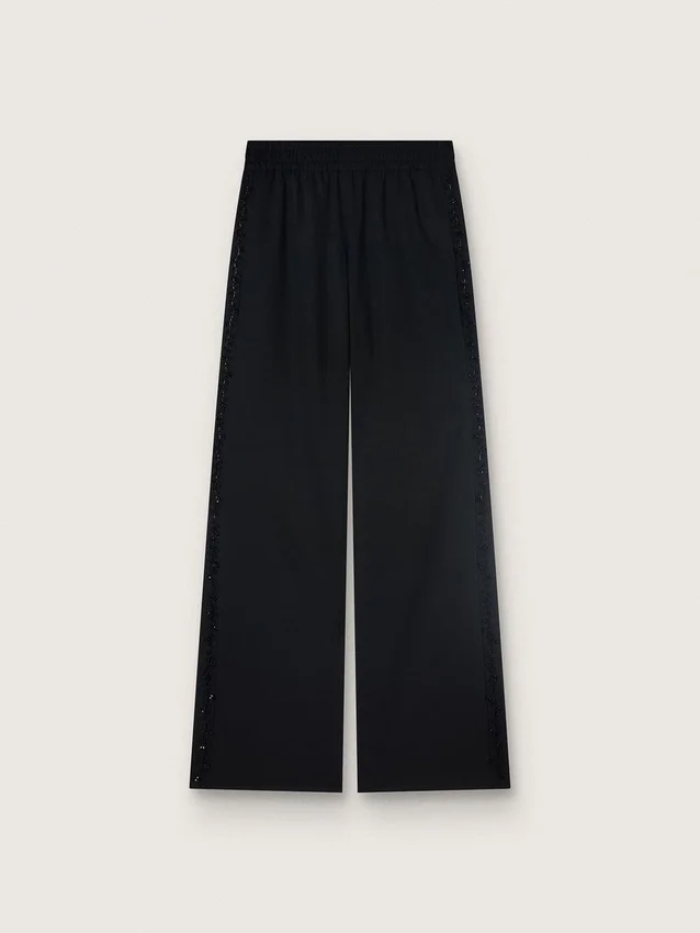 Women's sweatpants in black wool twill with sequin embroidery
