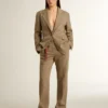 Women's trousers in a sand-colored herringbone linen blend