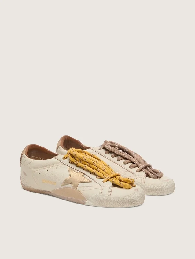 Men's True-Star in white nappa leather with gold foiled leather star and beige suede heel tab