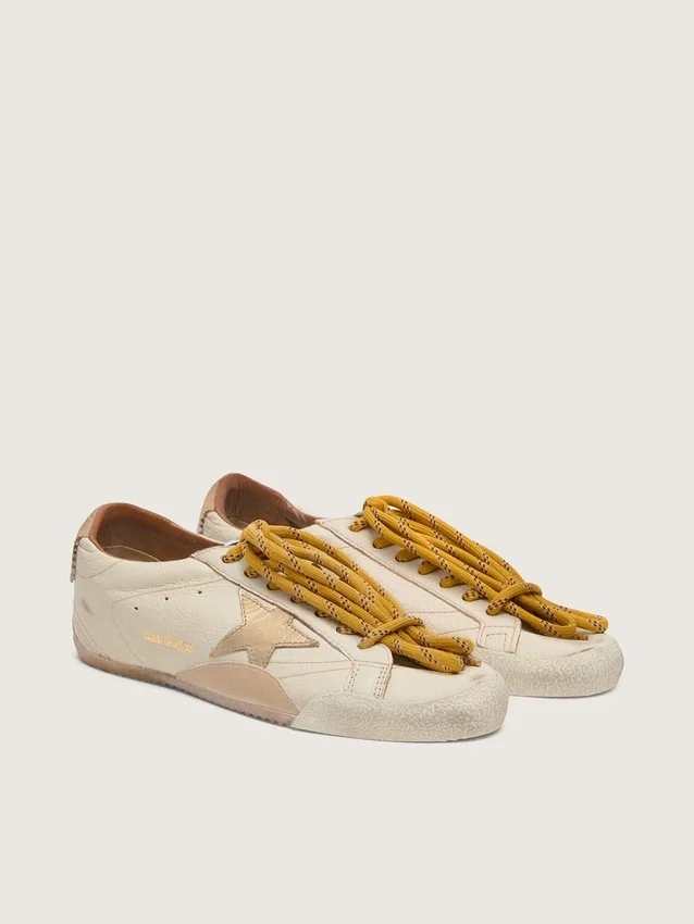 Men's True-Star in white nappa leather with gold foiled leather star and beige suede heel tab